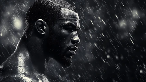 Side profile of male athlete under heavy rain at night.