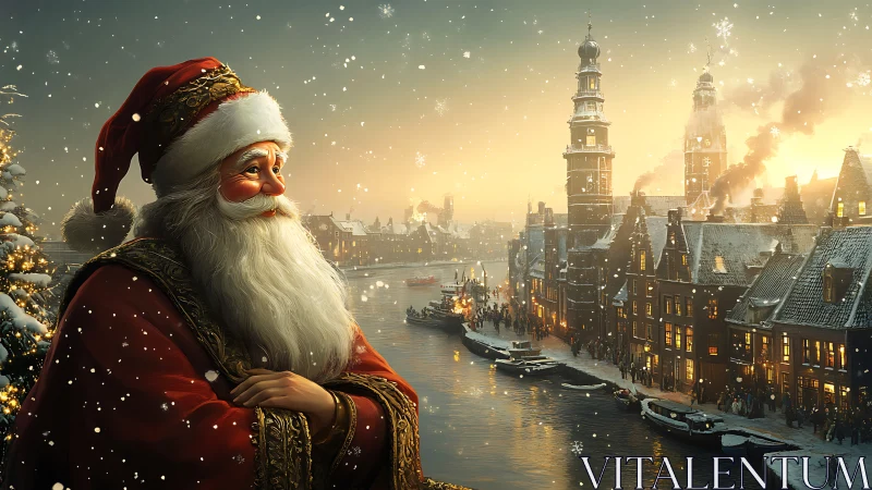 Santa figure overlooking snowy European canal city at dusk.
