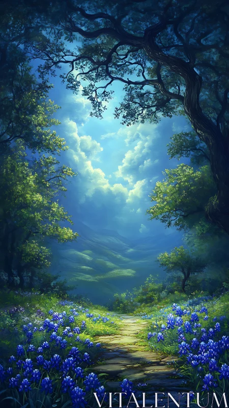 Forest pathway with flowering vegetation and sky opening.