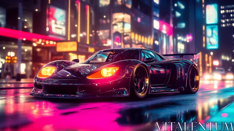 Neon soaked supercar prowls through reflection drenched city streets