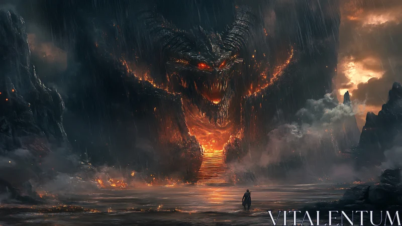 Fiery volcanic dragon face looms over lone robed figure