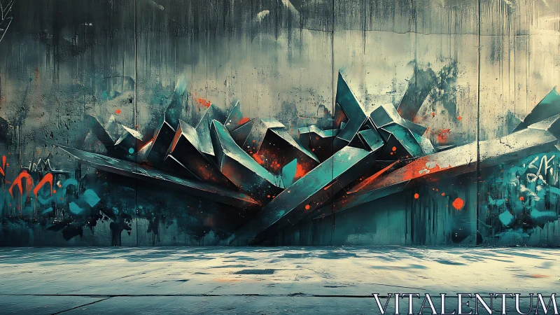 Geometric teal and red graffiti mural on weathered wall.