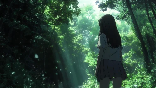 Backlit anime girl stands in dense forest under volumetric light