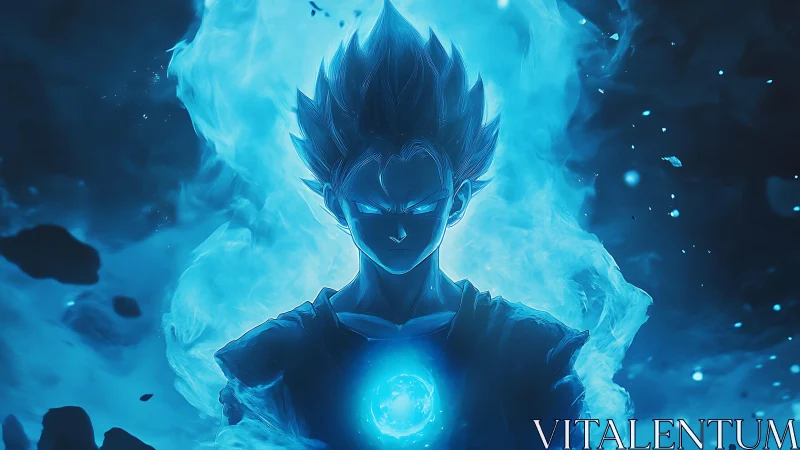 Anime energy warrior in blue ethereal aura composition.