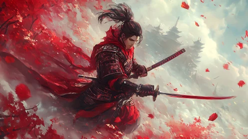 Samurai warrior with dual katanas amid red foliage.