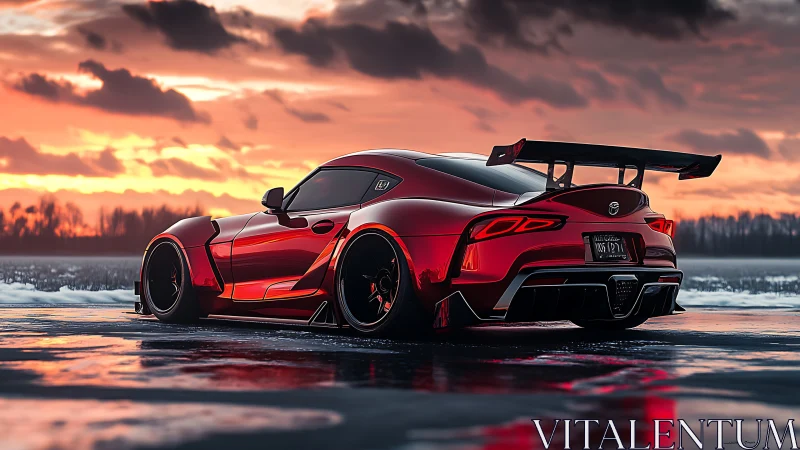 Sunset-kissed red sports car waits poised on wet open road