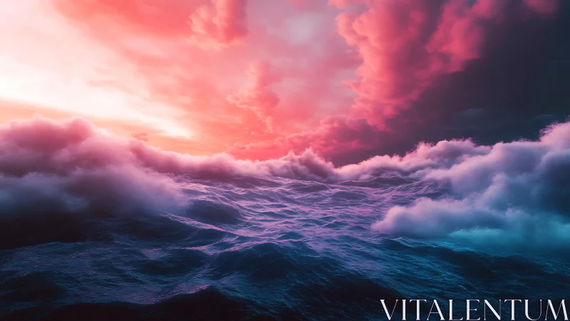 Neon-tinted ocean waves meet volumetric clouds at twilight
