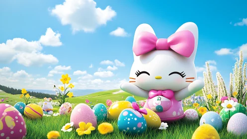 Smiling cartoon cat celebrates Easter in a bright meadow