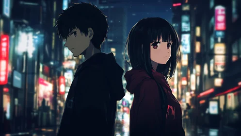 Urban anime duo stand back to back in neon night street.