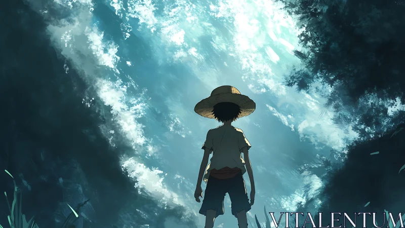 Boy in straw hat stands under bright sky in forest clearing.