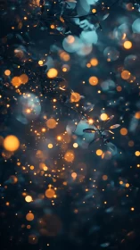 Defocused orange bokeh particles illuminate dark teal foliage field