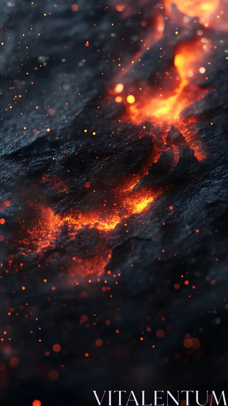 Lava Flow with Glowing Embers and Luminous Particles