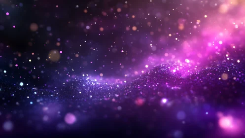 Purple and pink glittering abstract particles in motion.