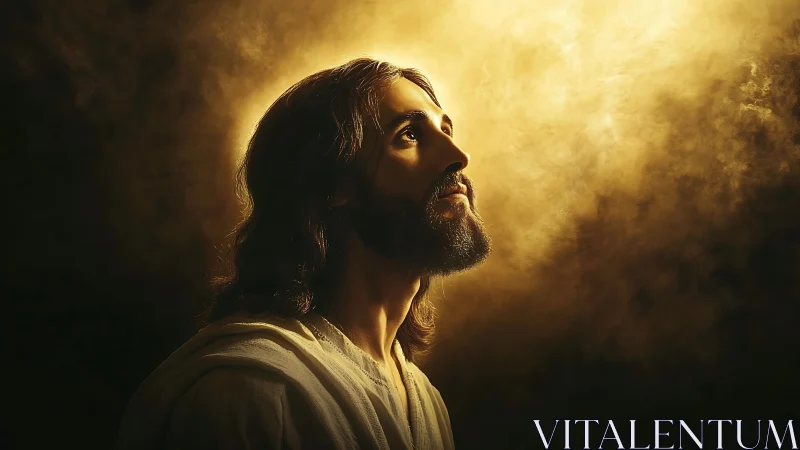 Profile view of robed man against diffuse golden backlight.