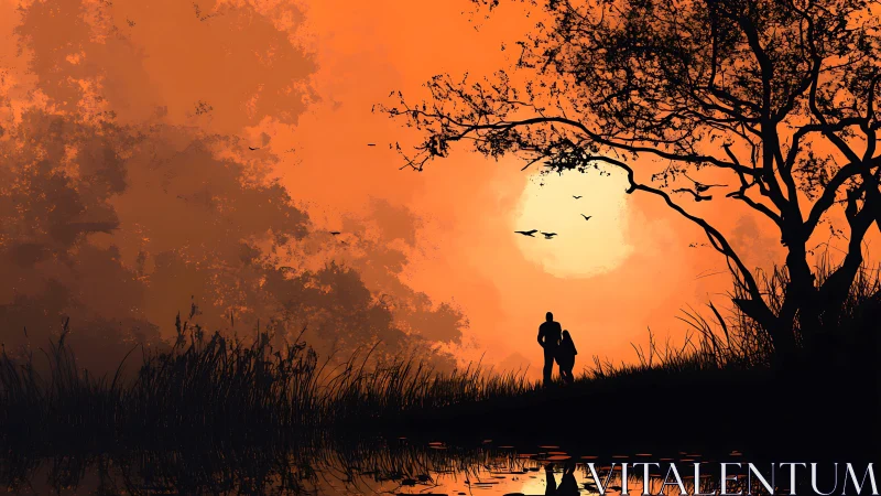 Silhouetted couple by lakeside under blazing orange sunset.