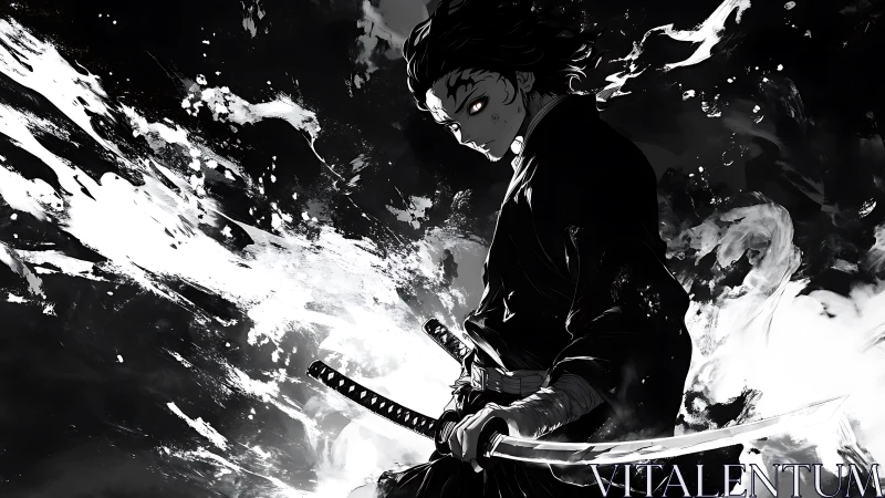 Monochrome anime swordsman amid swirling white energy.