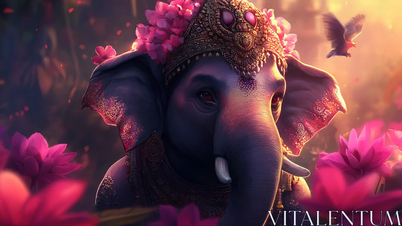 Decorated elephant portrait with lotus flowers and soft light