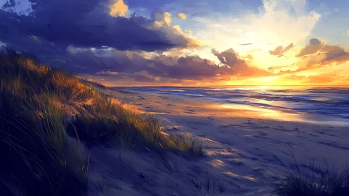 Sunset light intersects coastal dunes and reflective shoreline