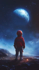 Solitary astronaut studies luminous blue moonlit horizon.