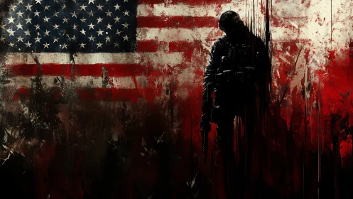 Solitary soldier standing before a weathered US flag.