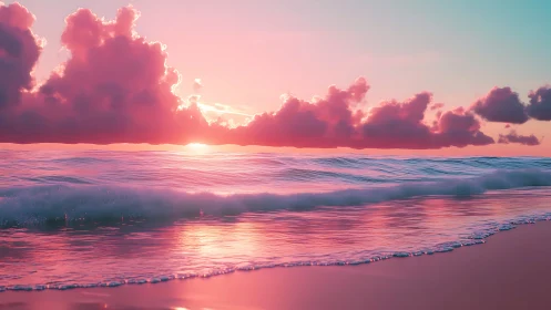 Sunset horizon aligns with low clouds above reflective shore