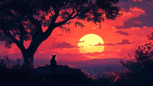 Cat quietly admiring a glowing sunset under a tree.