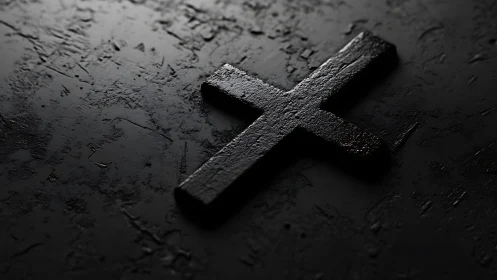 Photorealistic black cross on textured dark surface in focus.