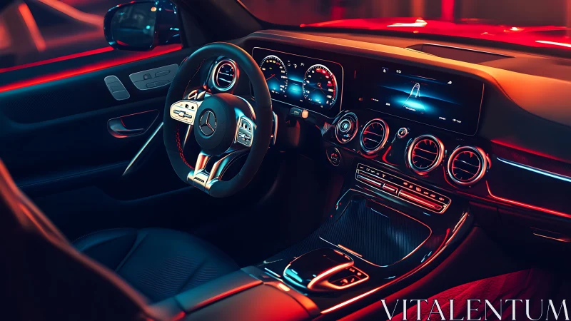 Mercedes cockpit interior with dual displays, ambient neon lighting