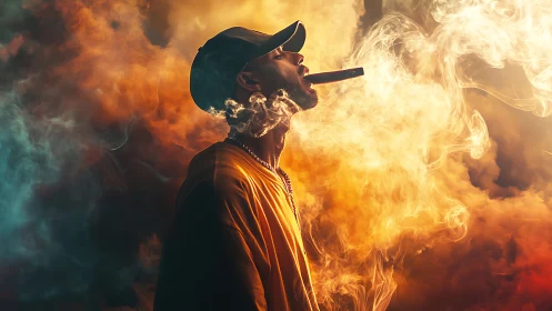 Backlit vapor plumes envelop silhouetted cap-wearing vaper.