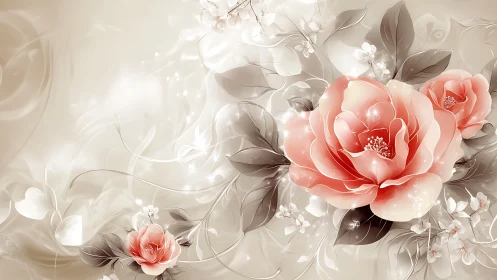 Elegant Coral Roses Bloom in Soft Ethereal Garden Setting.