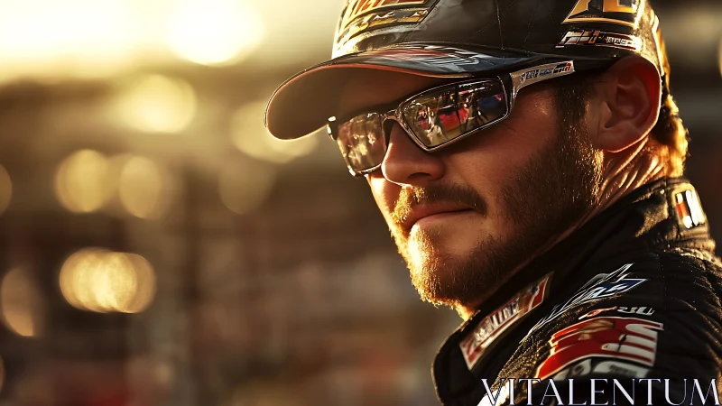 Racing driver in sunglasses at sunset track environment.