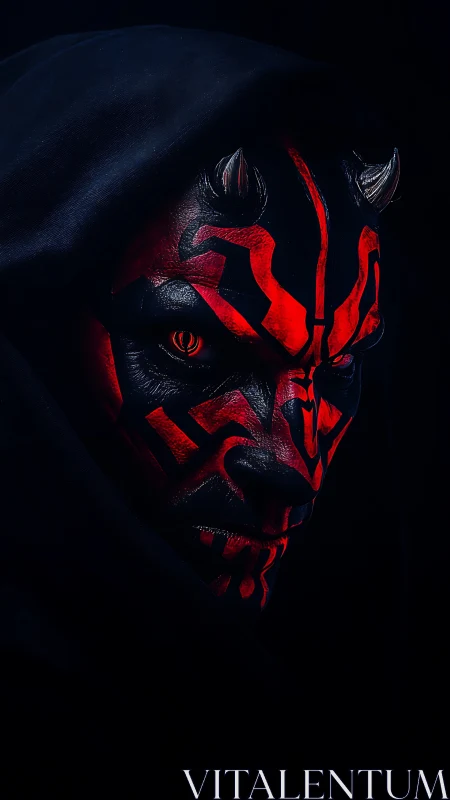 Horned demon mask emerges from shadows in eerie red light.