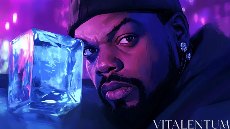 Portrait of man with large ice cube in neon lighting.