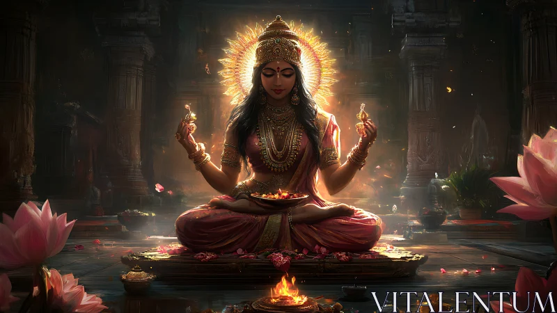 Divine lotus deity in luminous temple environment, high detail.