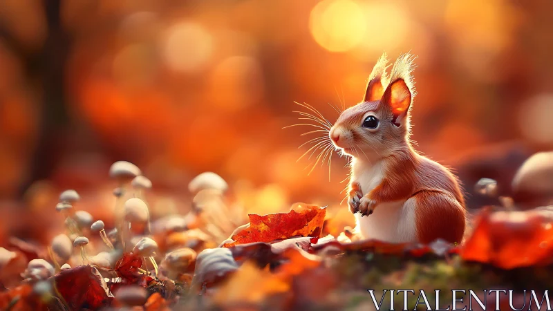 Autumn forest squirrel amid mushrooms and warm bokeh glow.