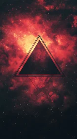 Geometric black triangle cuts through fiery cosmic nebula