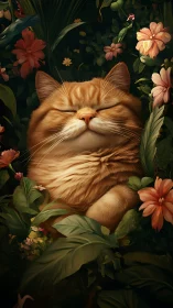 Orange Tabby Dreams in Bloom Among Crimson Petals