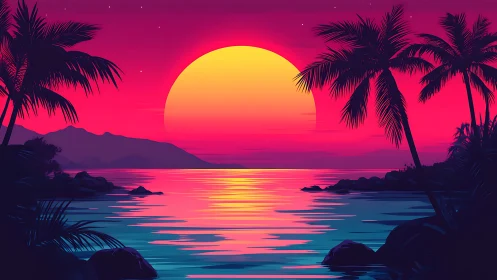 Neon tropical sunset seascape with silhouetted palm trees