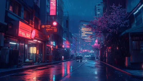 Neon-lit rainy alley renders cinematic cyberpunk nocturne