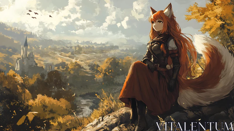 Fox-eared warrior rests above an autumn valley castle view.