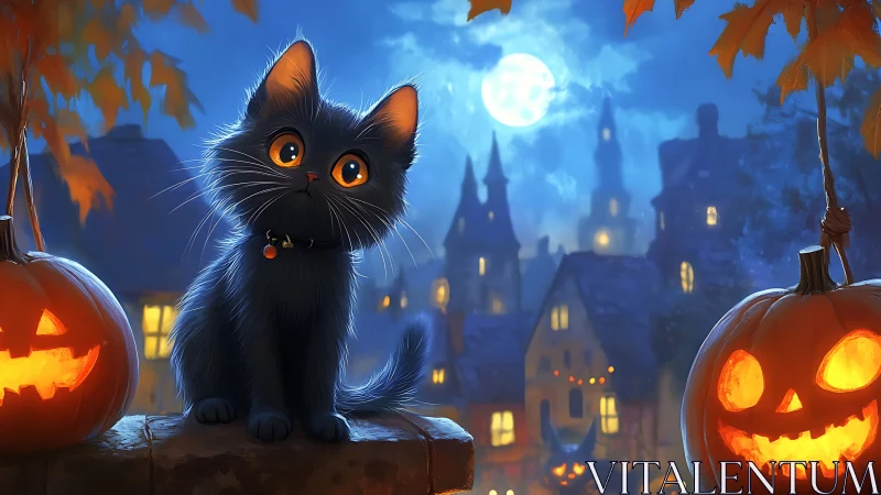 Black Cat Under Moon with Jack-O'-Lanterns.