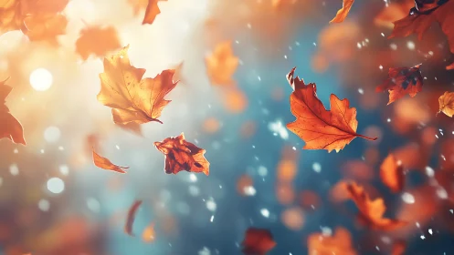Golden autumn leaves swirling through soft bokeh light.