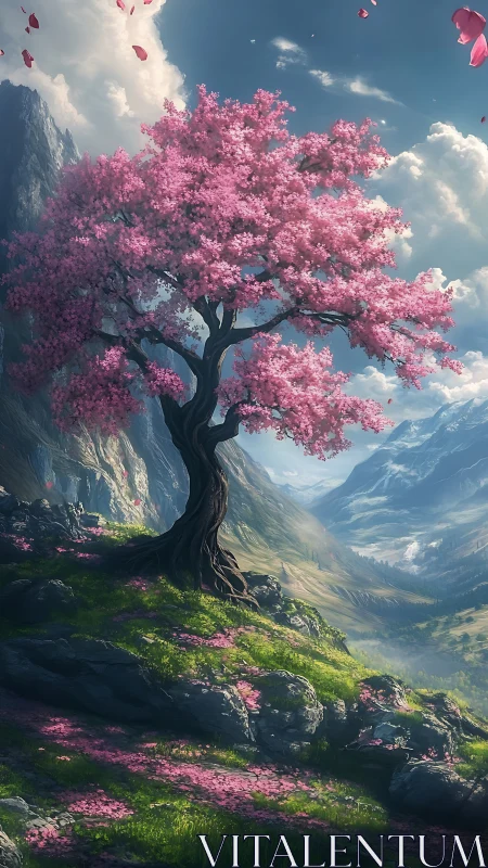 Blossoming pink tree watching over a dreamy mountain valley.
