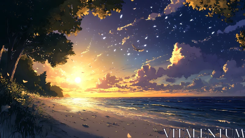 Sunlit anime shoreline under glowing twilight sky.
