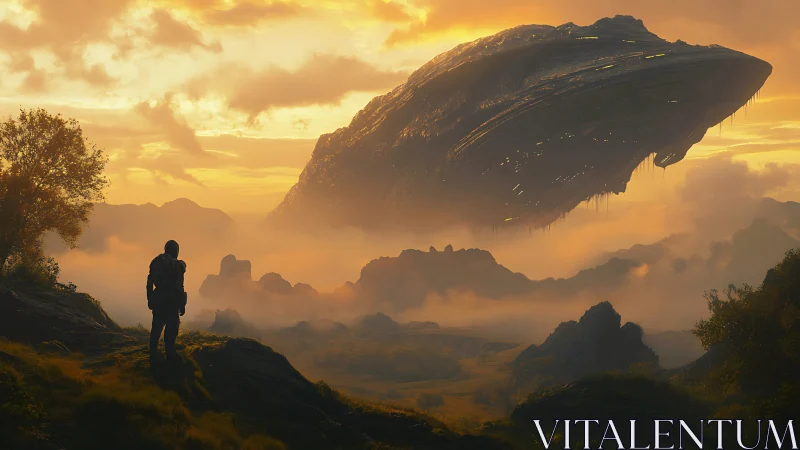 Lone explorer watching huge alien ship at golden sunset