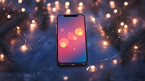 Smartphone rests among warm holiday lights on dark table