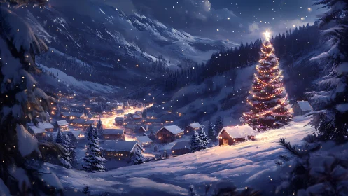 Winter mountain village under glowing Christmas tree lights.
