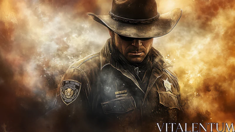 Lone lawman walks through embers of a fading frontier dusk