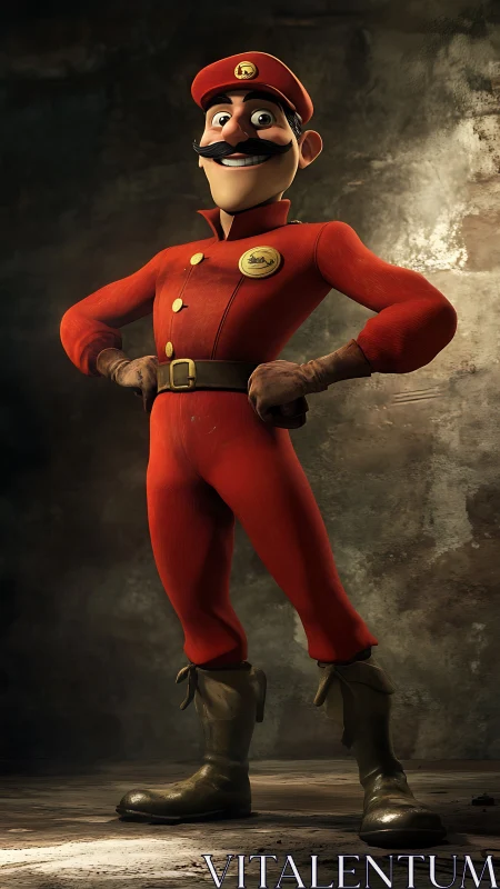 Heroic mustached worker in stylized red jumpsuit, 3D render