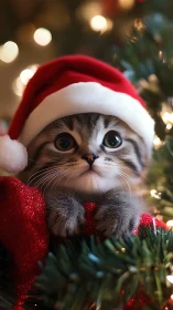 Festive kitten peeking from cozy Christmas tree sparkle.